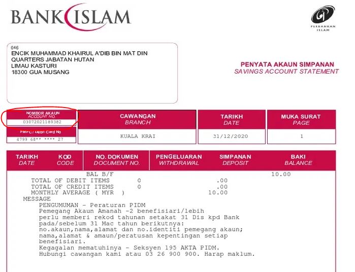 Contoh Nombor Akaun Bank Islam