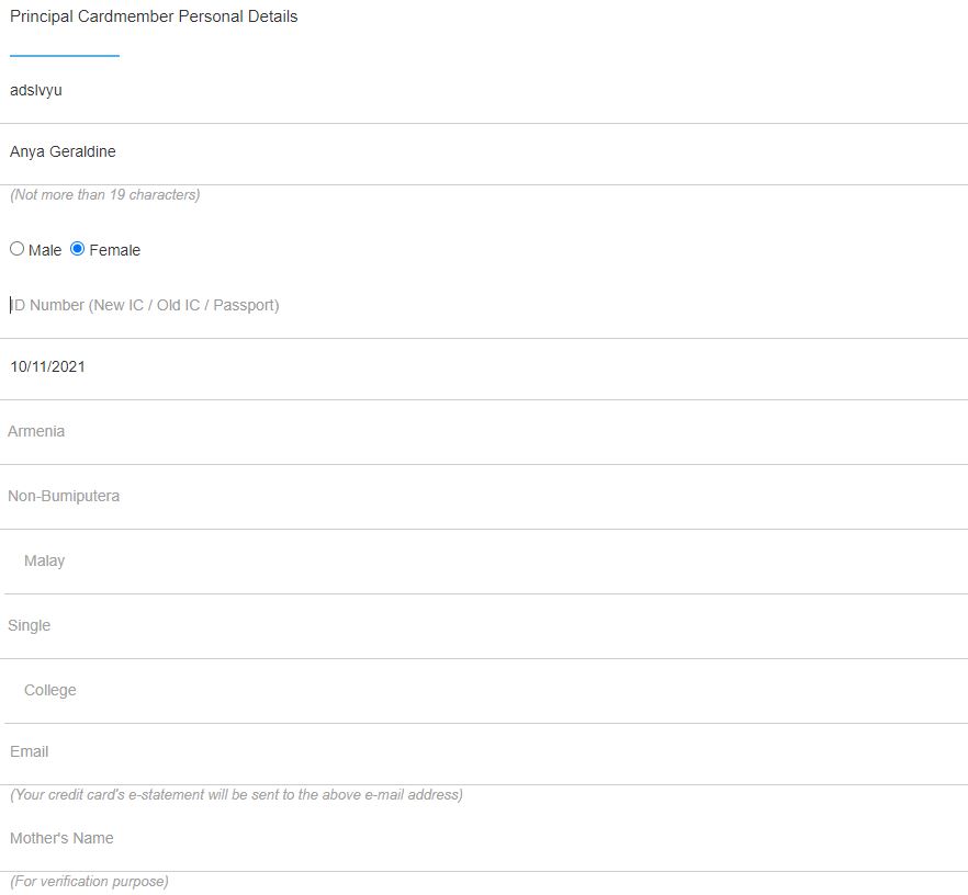 Personal Details Mohon Kad Kredit Affin Bank