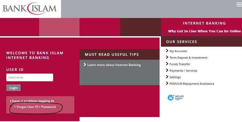 Forgot User Id dan Password Bank Islam