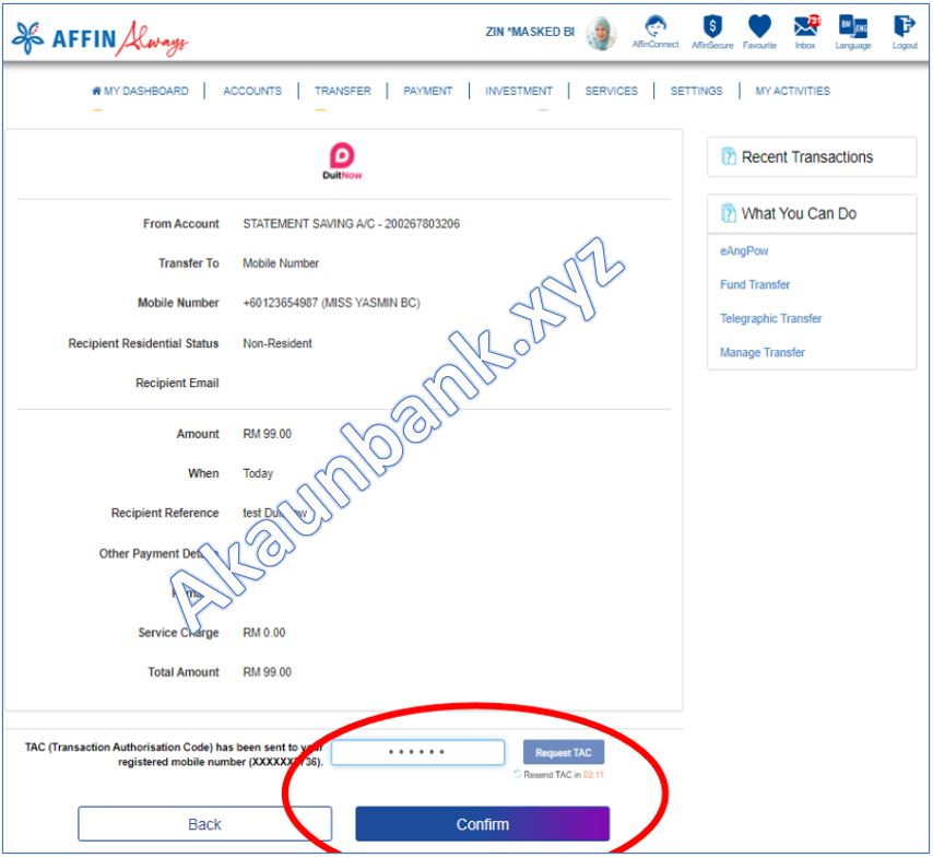Affin Online Transfer DuitNow