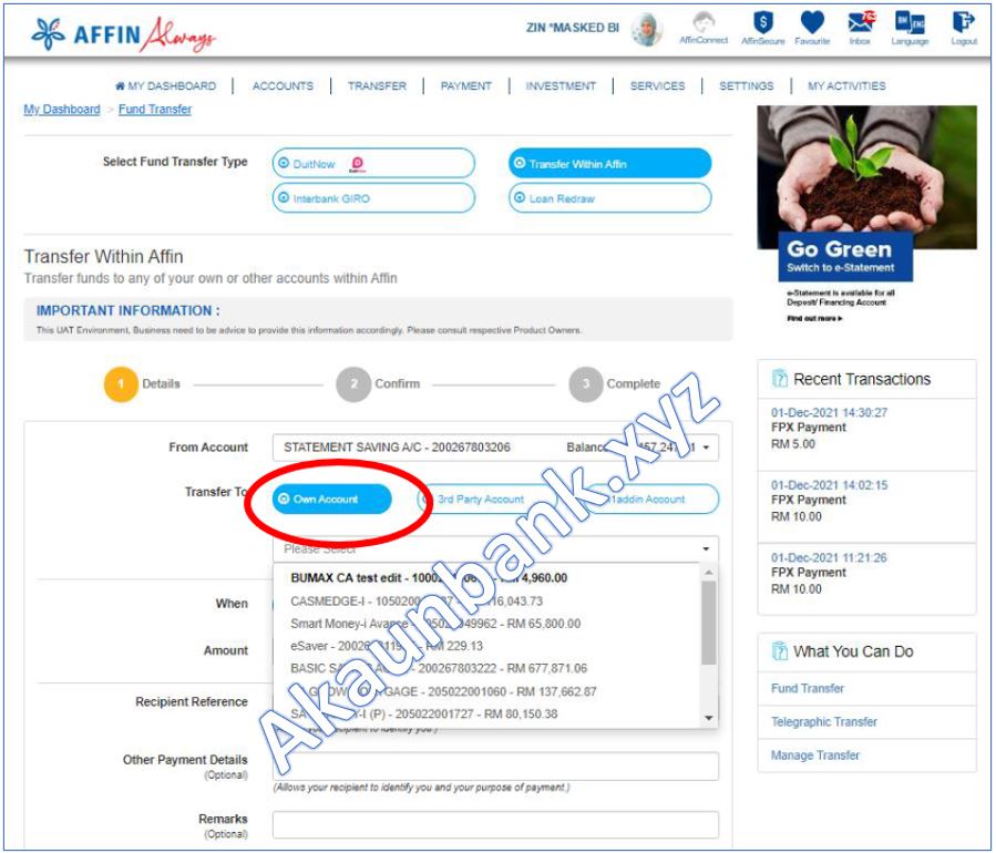 Affin Online Transfer Own Account