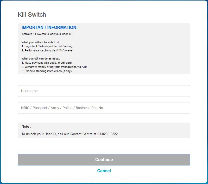 Aktifkan Kill Switch Affin Bank