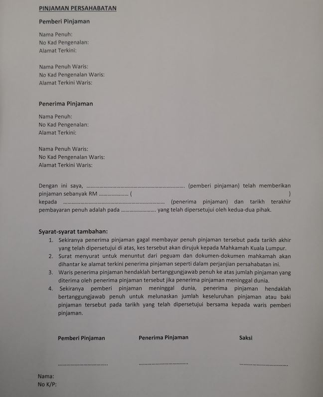 Contoh Surat Perjanjian Pinjaman Wang